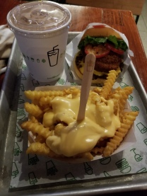 Shack Stack, cheese fries and black and white shake with strawberry (their version of Neopolitan).